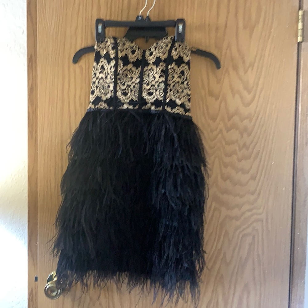 Gold and black lace, feather mini party dress